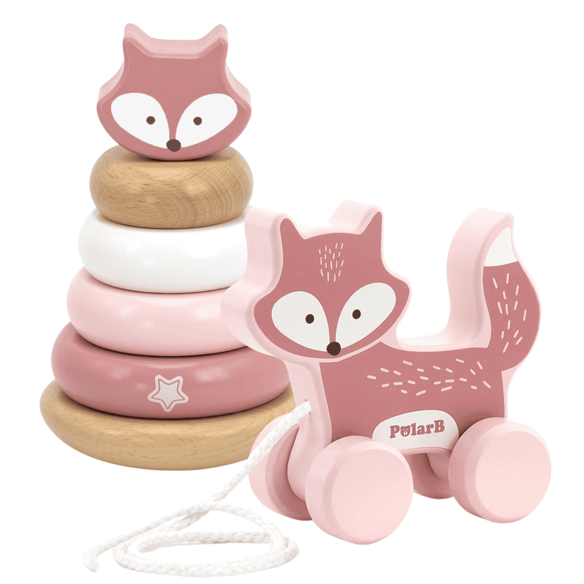 Viga Toys Medinės piramidės lapės rinkinys + traukiama lapė