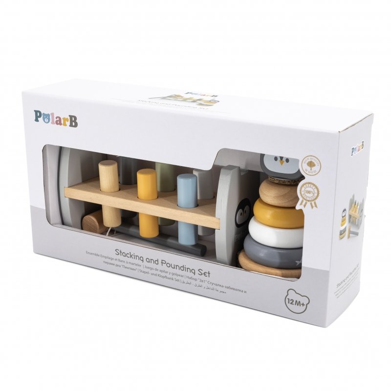 VIGA PolarB rinkinys - medinė piramidė su pingvinu ir plaktuku Montessori