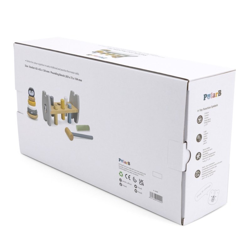 VIGA PolarB rinkinys - medinė piramidė su pingvinu ir plaktuku Montessori